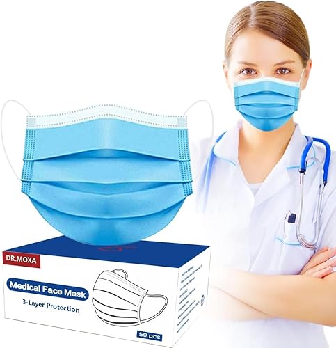 Miniatura 8 de Paquete de 500 mascarillas médicas desechables transpirables de 3 capas para protección, color azul, fabricadas en Estados Unidos