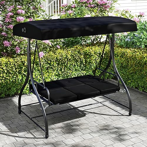 Image of HAPPYGRILL 3 Seat Outdoor Porch Swing, 2-in-1 Swing Glider with Adjustable Canopy, Removable Cushions, Foot Pad, Curved handrails, Outdoor Swing for Patio Yard Garden Balcony Backyard