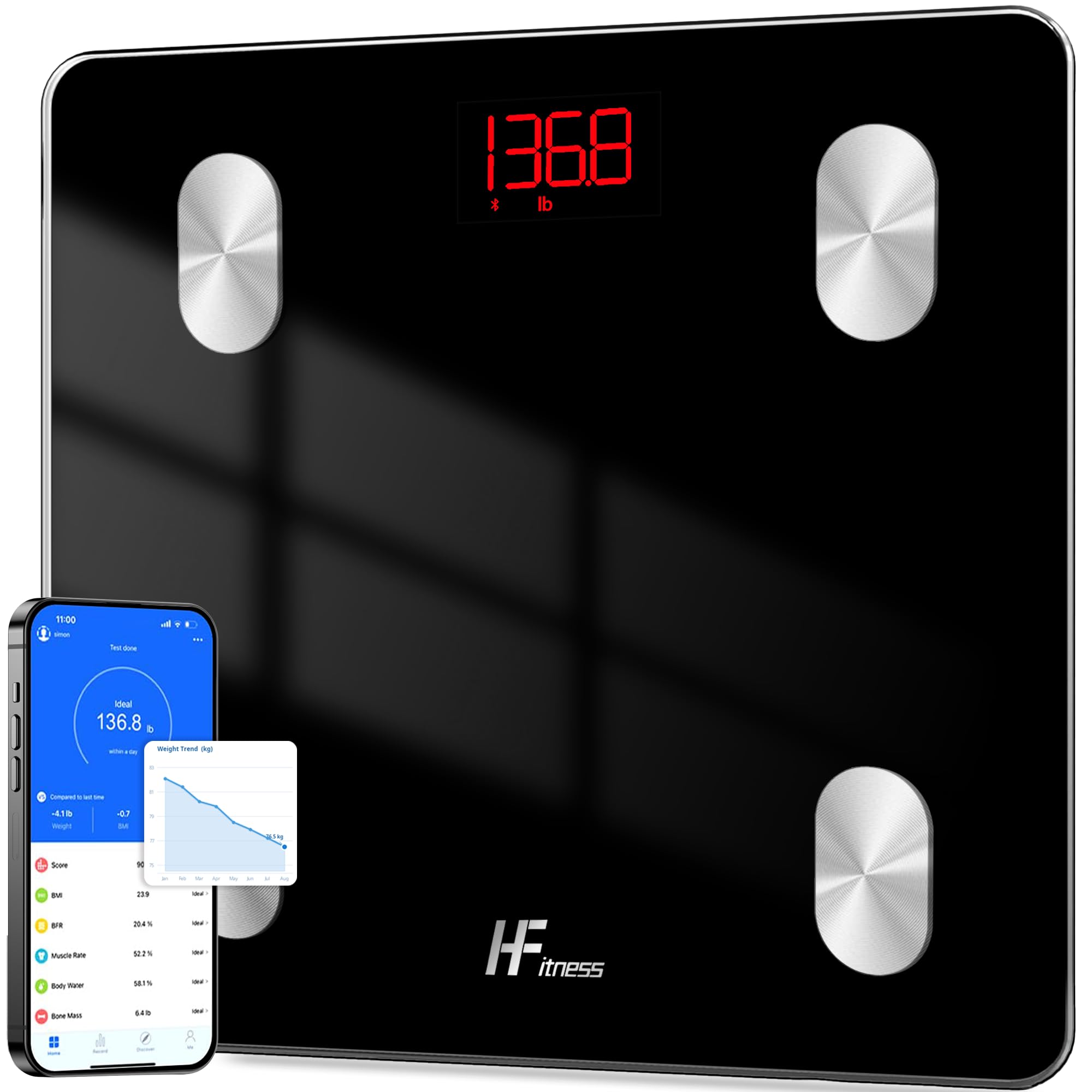 HFitness 19 Metrics Body Composition Smart Scale Bathroom Scales for Body Weight Body Fat Monitor BMI Muscle Mass Bone iOS Android App Bluetooth Wireless