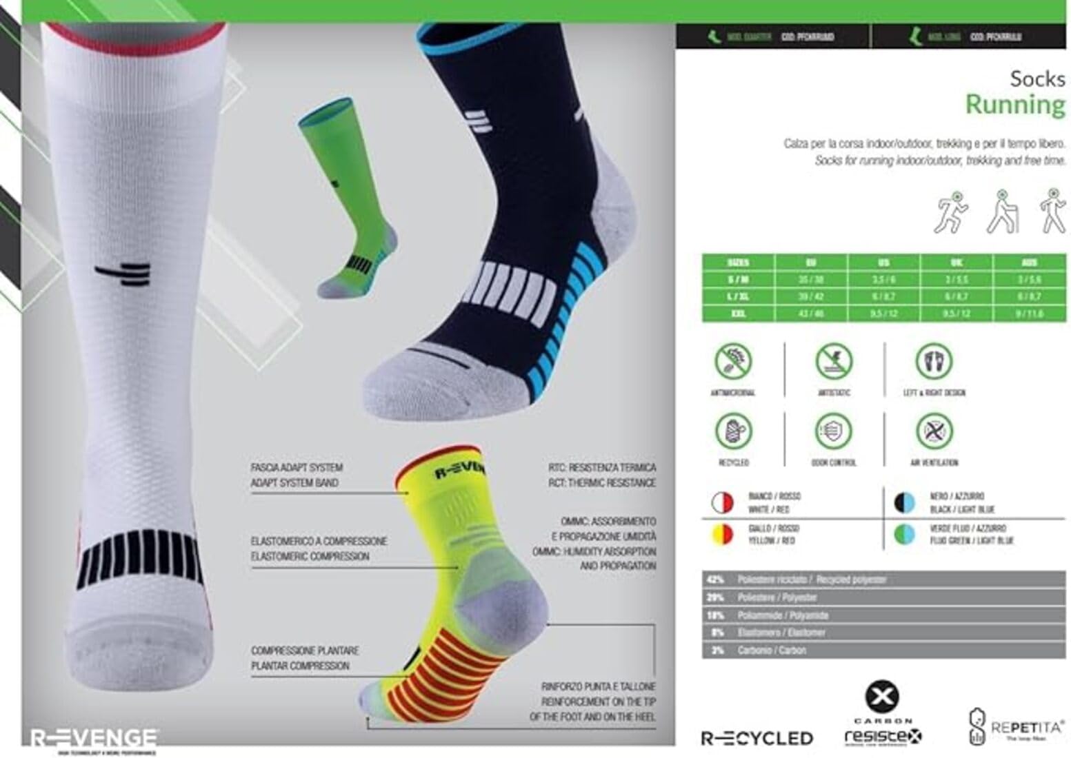 R-EVENGE Kit 4 Calze Running lunghe per la corsa indoor, outdoor, trekking e tempo libero con rinforzo sulla punta e tallone.