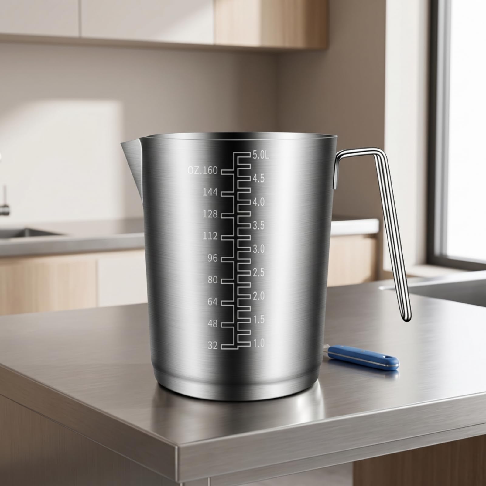 rockible Messbecher mit Griff leicht ablesbar Edelstahl-Messbecher rostfrei Messkanne mit Griff für Backen, 3L
