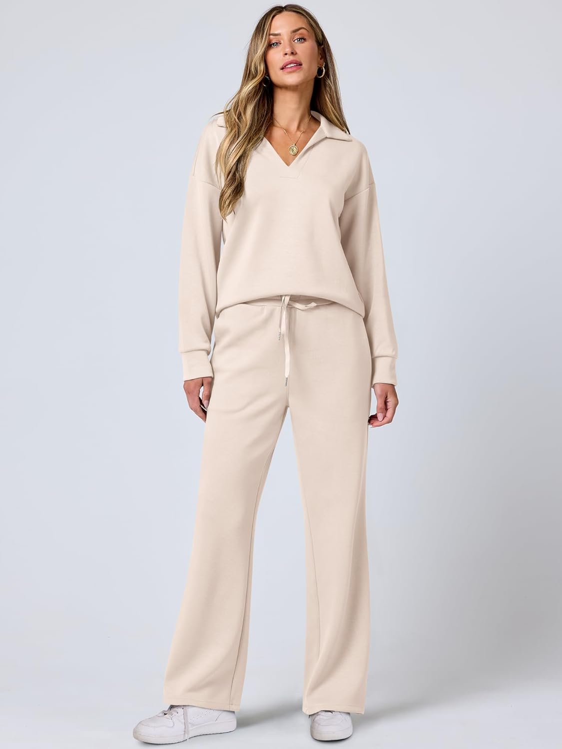 ANRABESS Women's 2 Piece Outfits Lounge Sets Casual Long Sleeve Sweatsuits Polo Top Wide Leg Pants Fall Sweat Matching Sets - Image 7