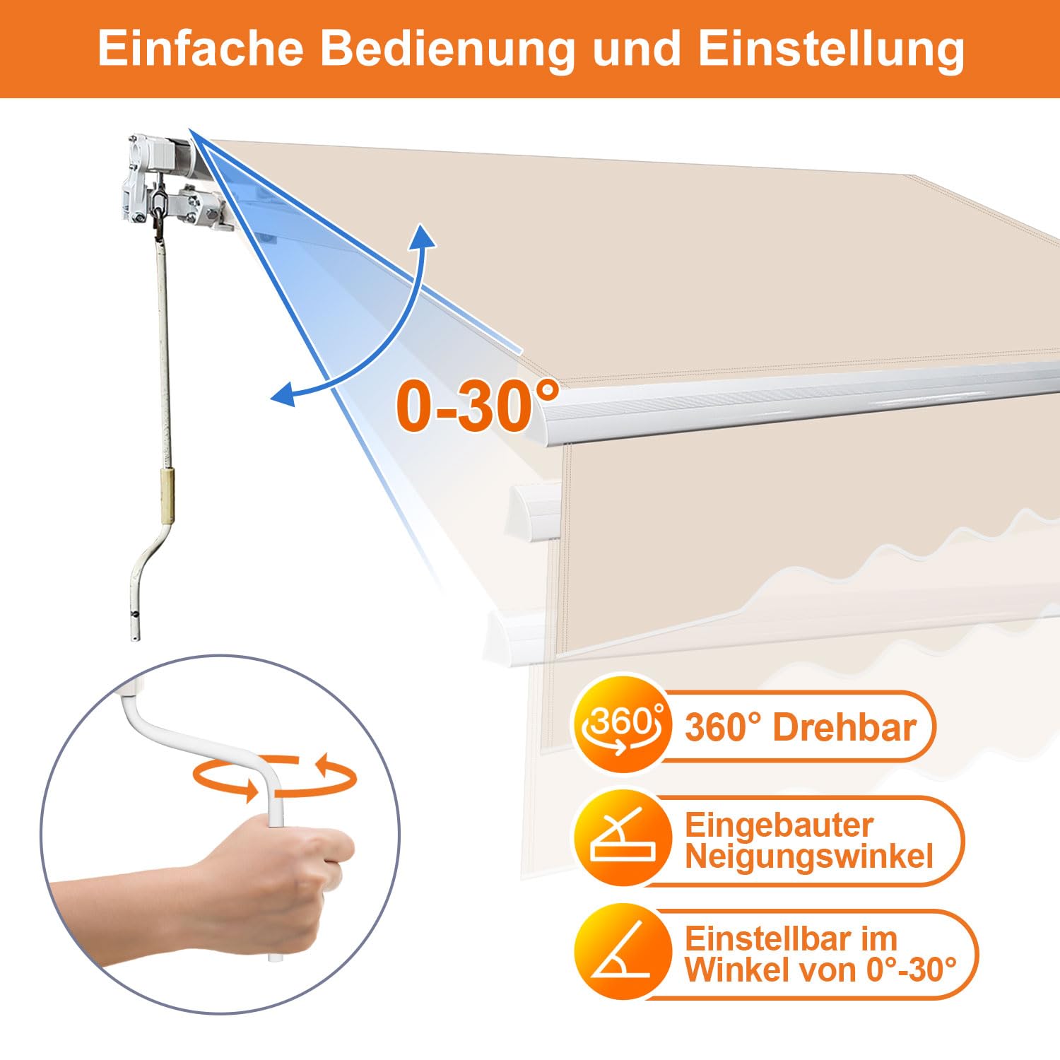 Fiqops Tenda da sole manuale con braccio snodato, 350 x 300 cm, con manovella, anti UV e impermeabile, in alluminio/poliestere, per balcone, terrazza, giardino, beige