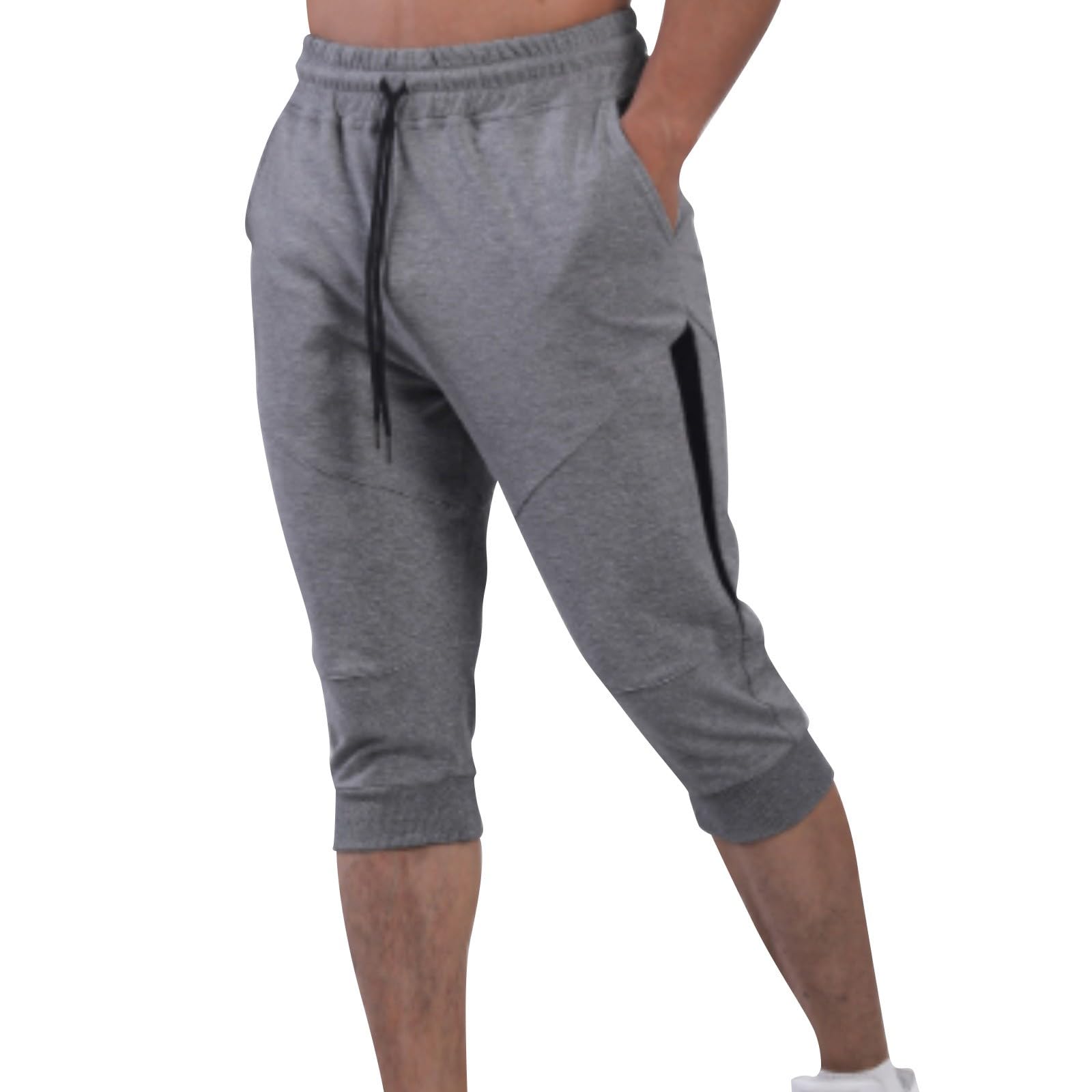 Bukknye Men's Dark Gray Shorts 3/4 Jogger Capri Cotton Stretch Quick Dry Running Shorts Below Knee Training Shorts Sweatpants With Pockets Drawstring(,S)