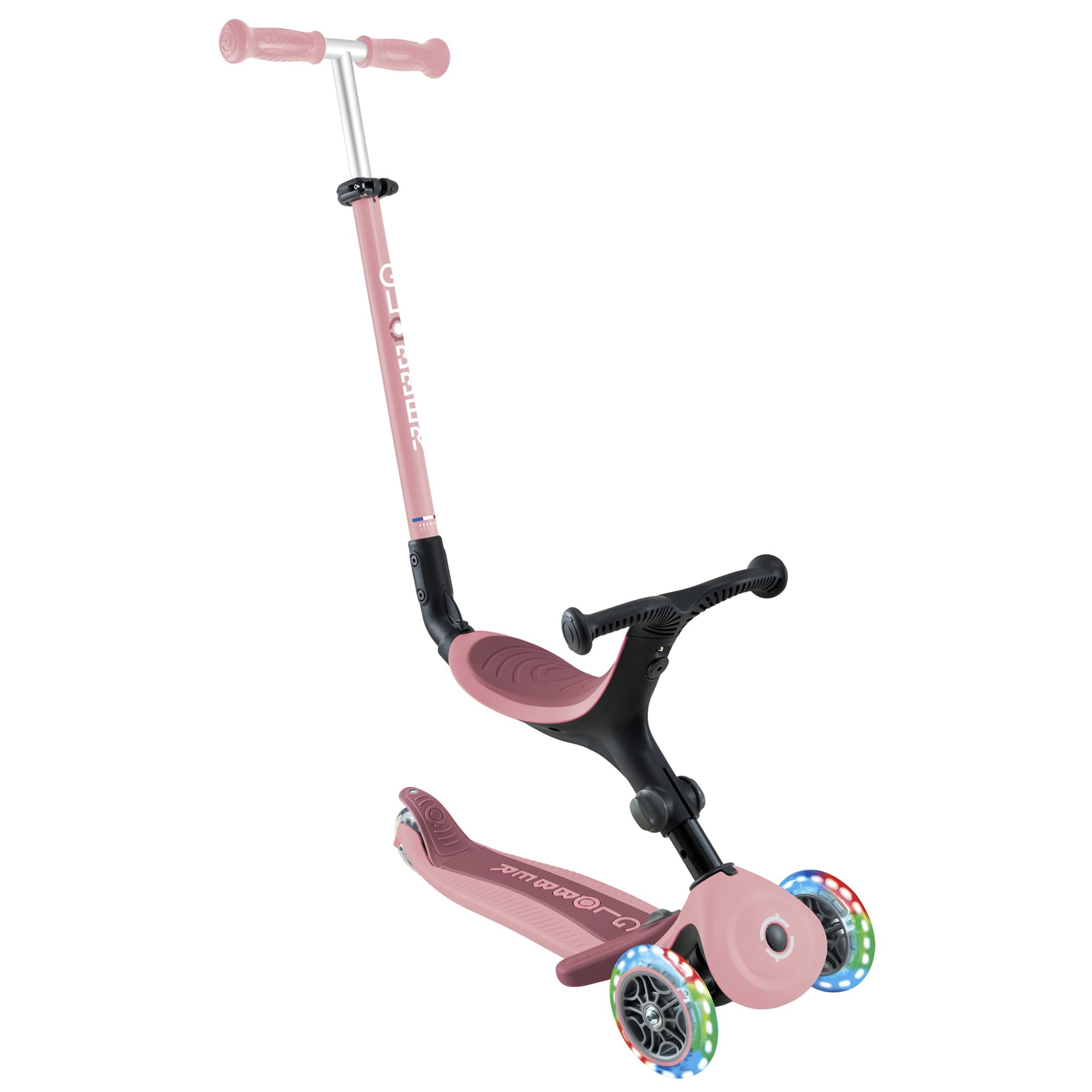 Globber GO UP Active Luces - Patinete evolutivo de 3 Ruedas con Luces para niños de 15 Meses a 9 años, Rosa Pastel