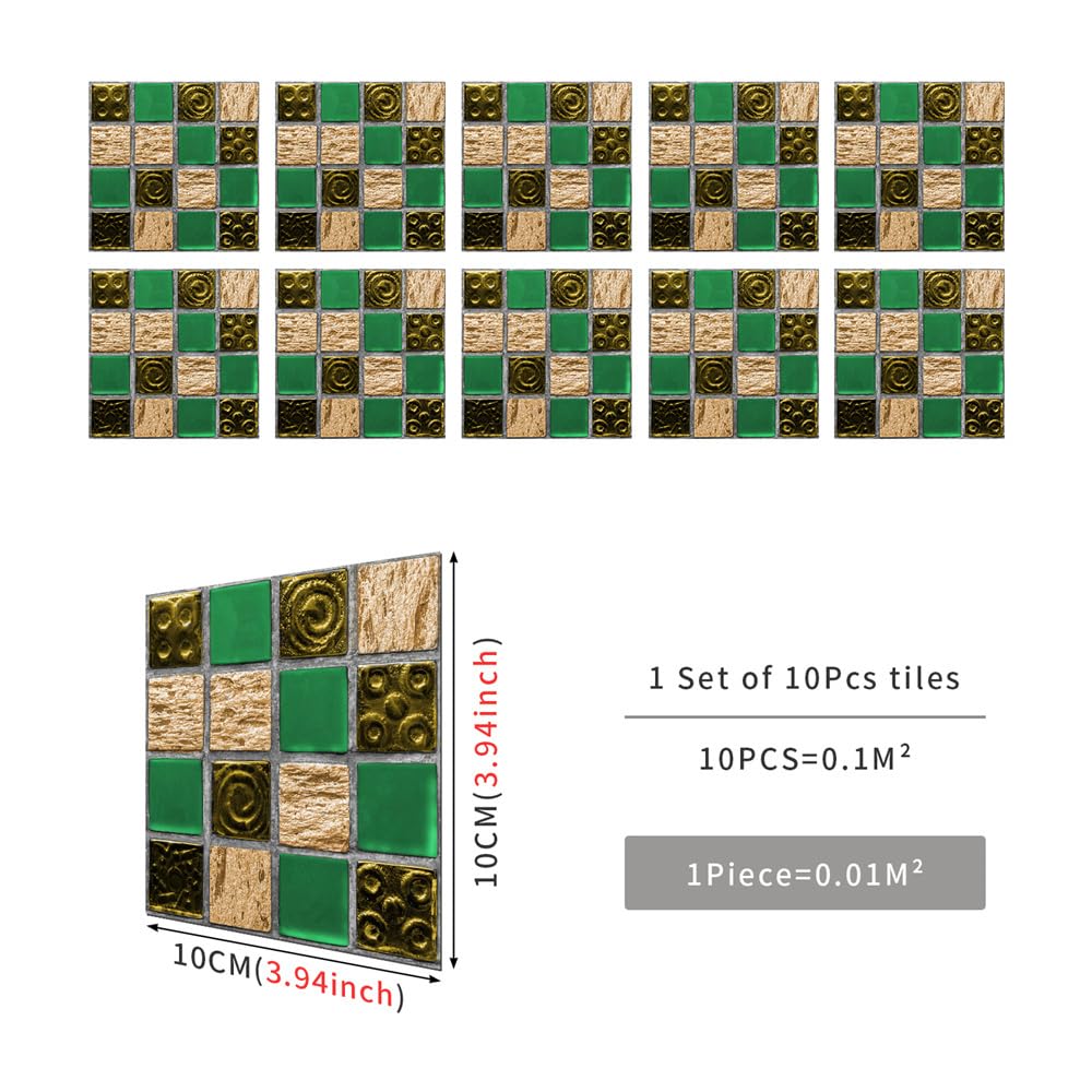 Naklejki na płytki Green Gazon & Gold, samoprzylepne naklejki z PCW, trwałe i wodoodporne, na ściany, podłogi i kuchnie/łazienki, 10 x 10 cm (zestaw 30 sztuk).