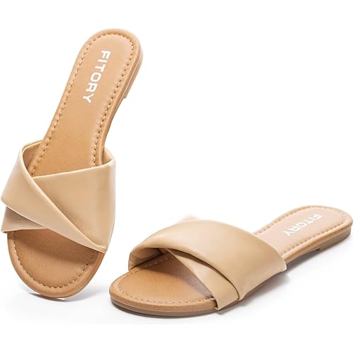 FITORY Women's Flat Sandals Fashion Slides With Soft Leather Slippers for Summer Size 6-11