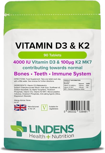 Lindens Vitamin D3 4000IU & MK7 K2 | 90 Tablets | UK Made | Immune Health, Bones, Teeth, Muscle, Blood Calcium Absorption | High Strength Vitamin D & K2 Supplement | 3 Months Supply | Vegetarian