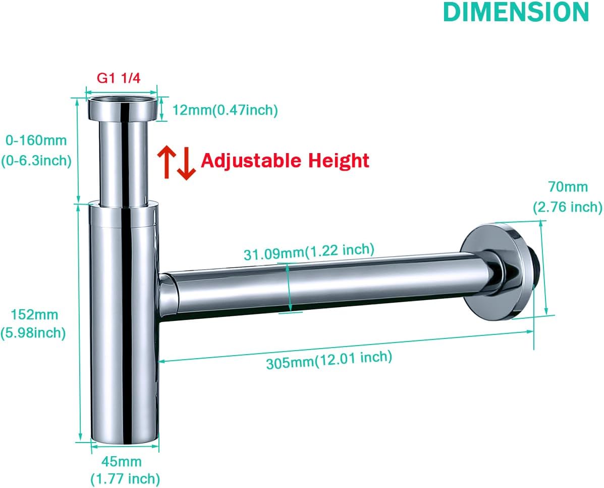 Chrome Bottle P Trap Classical Round Sink Bathroom Waste Pipe 1 1/4 inch Slip Inlet Drain Tube Kit Adjustable Height Bathroom Basin Sink Waste Drain Kit