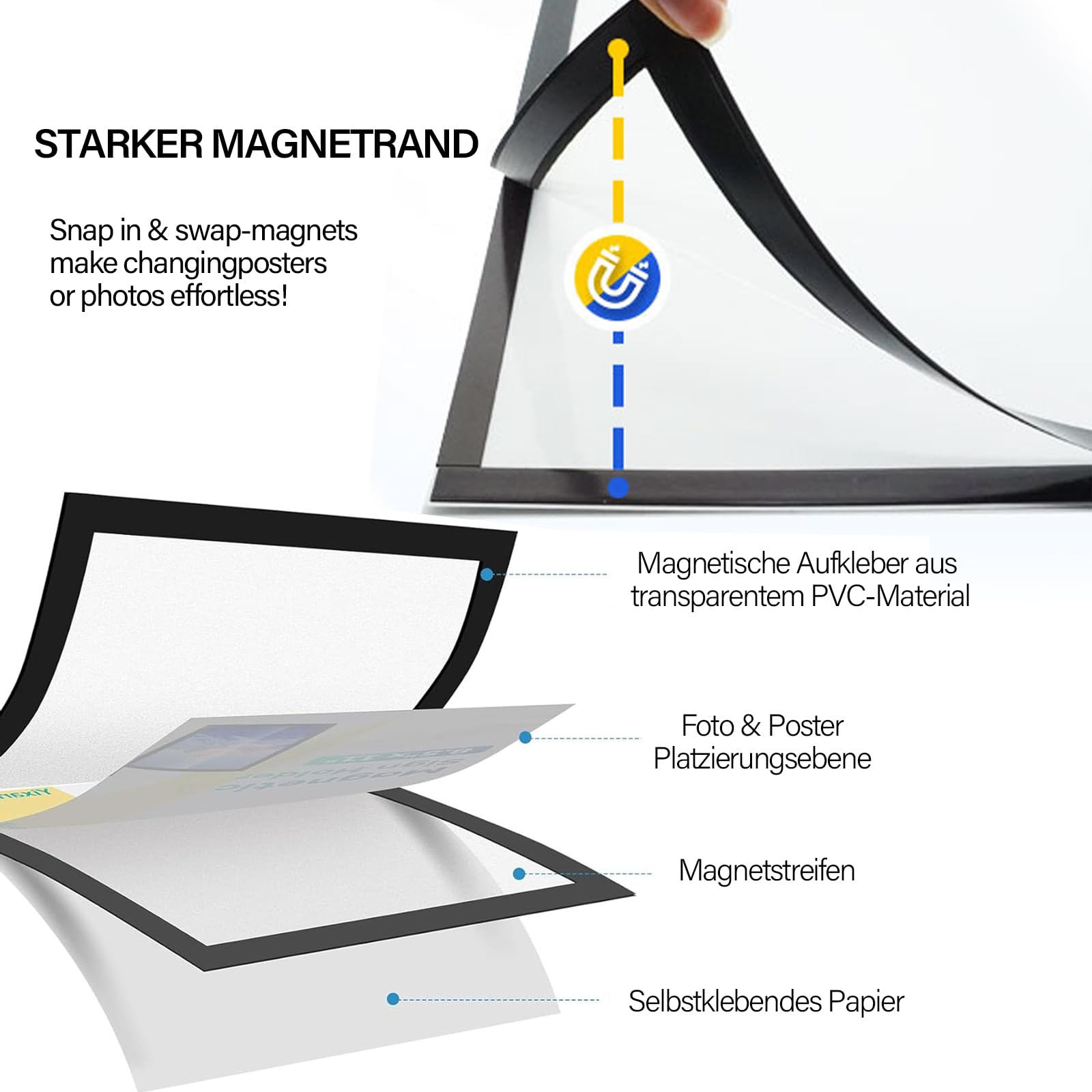 10 Stück Magnetrahmen A4 mit Magnetverschluss, Info-Rahmen Selbstklebend, Silber Infotasche Blatthalter, für Fotos, Informationsrahmen, Wanddekoration, Bilder, Poster, DIN A4 Format 32,5 x 24 cm
