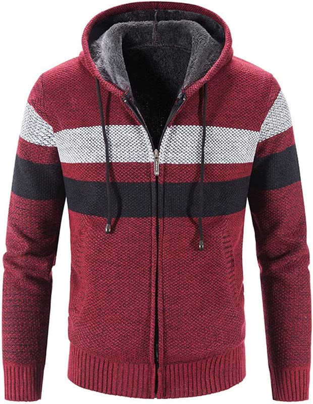 Shanghai Story Men's Warm Sherpa Lined Knit Striped Hoodie Thicken Cardigan Sweater Jacket