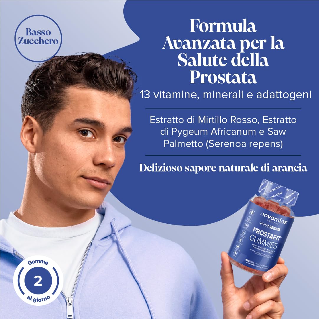 Prostafit Gommose Uomo - con Saw Palmetto, Semi di Zucca, Ortica, Zinco e Selenio - Testosterone e Fertilita (Zinco), Spermatogenesi (Selenio) - 60 Gommose Gusto Arancia - Novomins