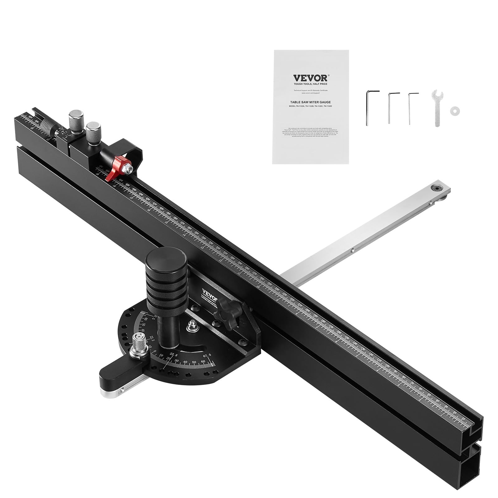 VEVOR Calibre de Inglete de Precisión, Ranura Estándar 19 x 10 mm, Calibre de Inglete para Sierra de Mesa de Aleación de Aluminio con Rejilla, 15 Topes de Ángulo, Émbolo con Resorte 450 x 650 x 120 mm