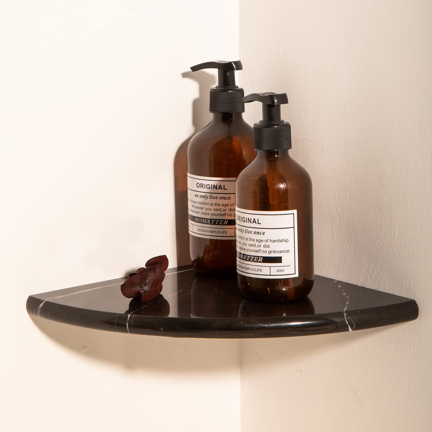 Lovdeco Marble Corner Shelf Wall Mount, Nero Marquina Black Marble Corner Shower Shelf, Polished 9" Round Edge Corner Shelves for Bathroom, Kitchen, Office, Living Room, 1 Piece
