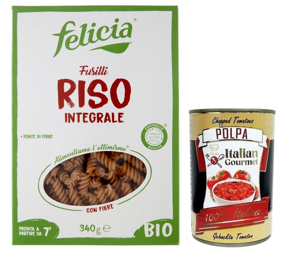 Felicia Fusilli di Riso Integrale Pasta con 100% arroz integral de la cadena de suministro italiana, orgánica y natural, sin gluten, paquete de 340 g + lata italiana Gourmet Polpa di Pomodoro de 400 g