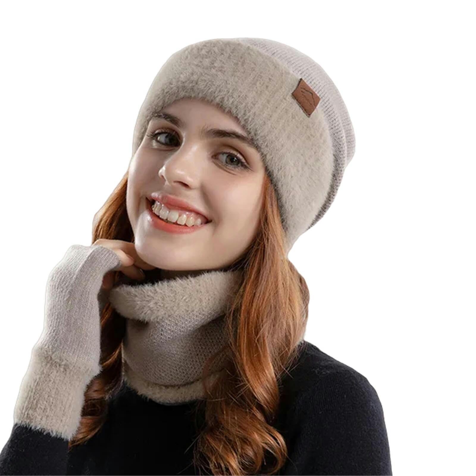 Schal Mütze Handschuh Set Winter Gestrickte Mütze Hut Halswärmer Handschuhe Mode Außenhut Für Frauen