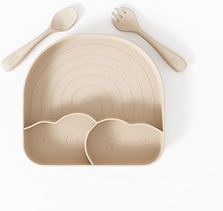 Silicone Baby Feeding Set with Sectioned Baby Plates with Suction and Baby Eating Utensils sets with Toddler forks and spoons - (3 Piece Set) Baby Led Weaning Supplies