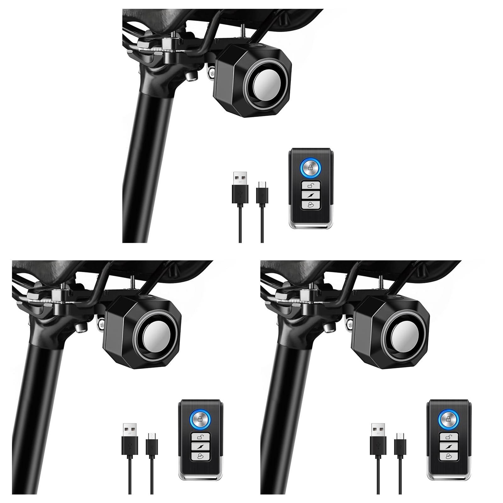 NineLeaf Fahrrad Alarmanlage mit Fernbedienung, 110dB Fahrradalarm mit Sattelhalterung, Lautstärke Empfindlichkeit einstellbar,IP65wasserdicht,USB-C wiederaufladbar, Diebstahlschutz für Fahrräder,3PK