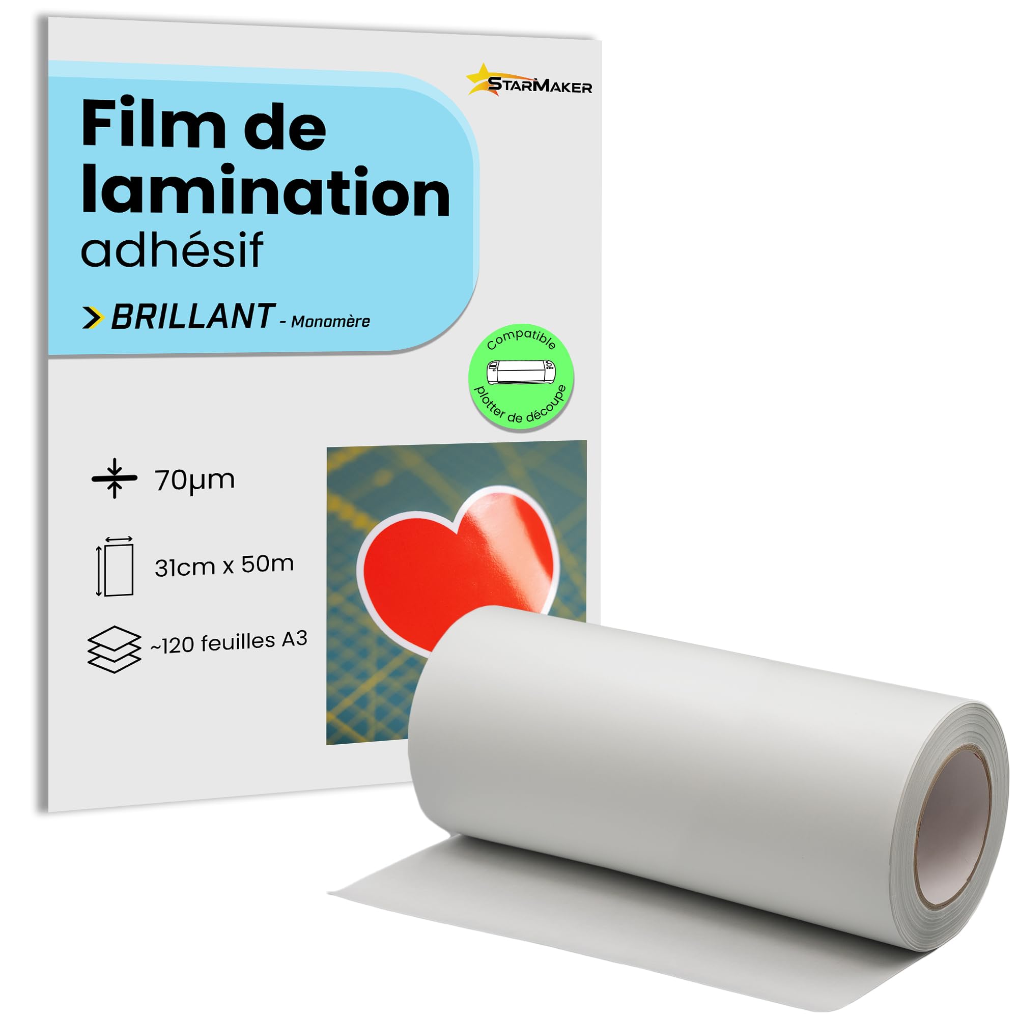 Rollo de 31 cm x 50 m A3, película de laminación en frío brillante – Hoja laminada autoadhesiva para fotos y pegatinas – Compatible con plotter de corte