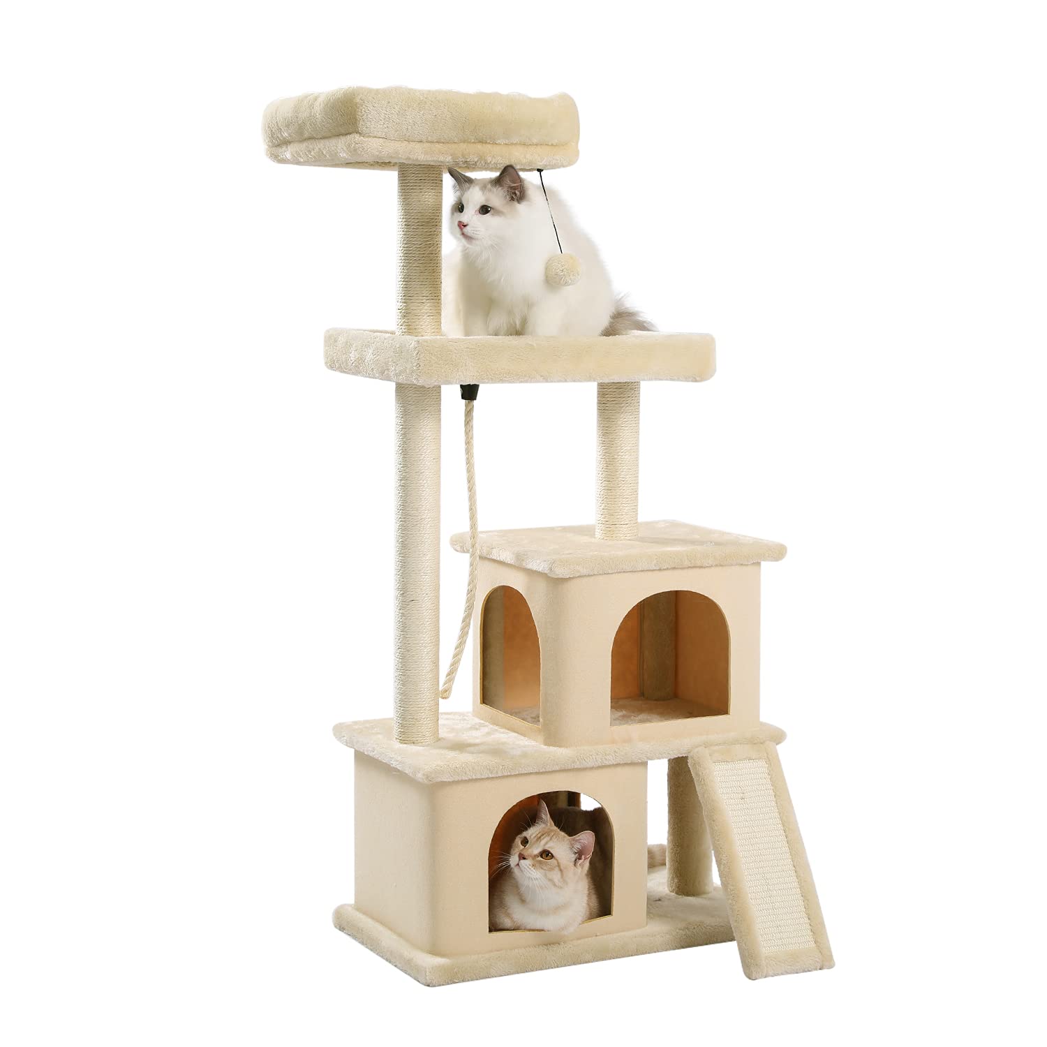 PAWZ Road Medium Cat Tree Activity center with spacious perches & 2 Plush Condos and sisal scratching posts & sisal ladder, Furniture Playhouse for cats kittens 60 * 35 * 127cm Beige