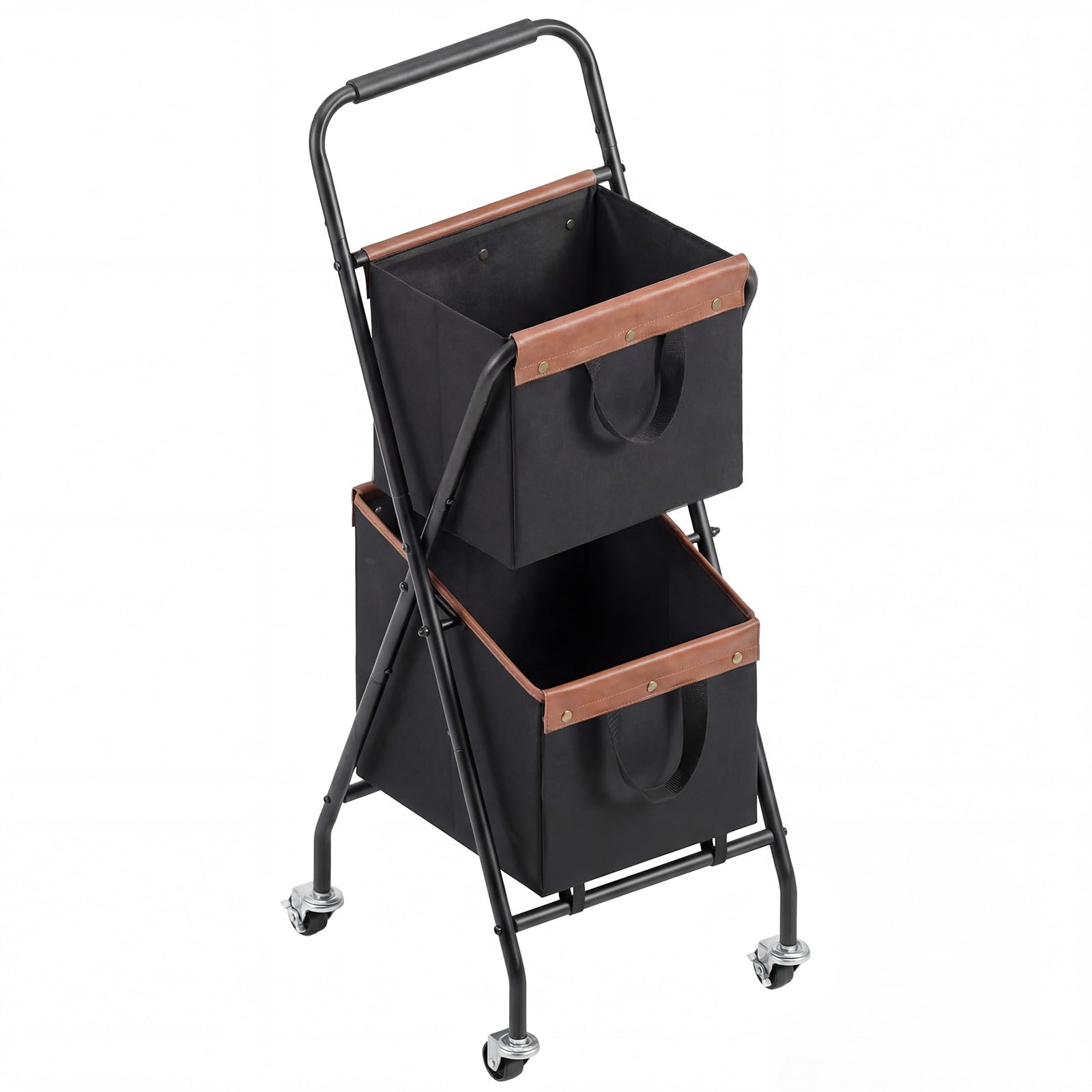 HOOBRO Folding Laundry Cart with Wheels, 17.8 Gal. (67.5 L) Rolling Laundry Hamper, 2 Section Clothes Basket with Metal Frame & Canvas Liner for Small Narrow Space, Black and Brown BB23XY01