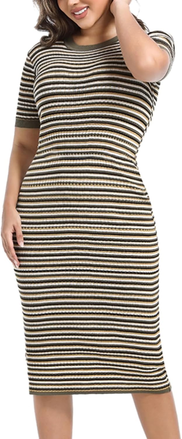 Women Short Sleeve Striped Midi Dress, Crew Neck Pattern Ribbed Casual Bodycon Knit Dress Knee Length - Image 8