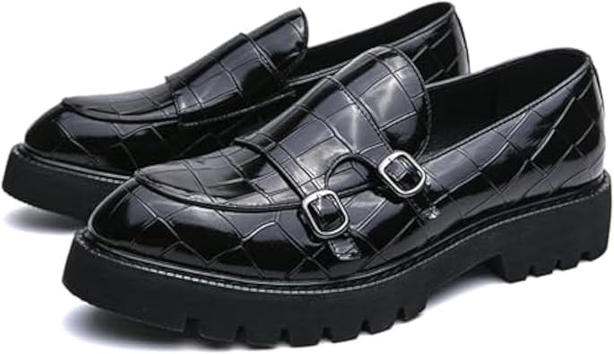 Mens Slip-On Patent Leather Platform Loafers with Double Buckle,Classic Non-Slip Penny Loafers Dress Driving Moccasins Casual Fashion Boat Shoes