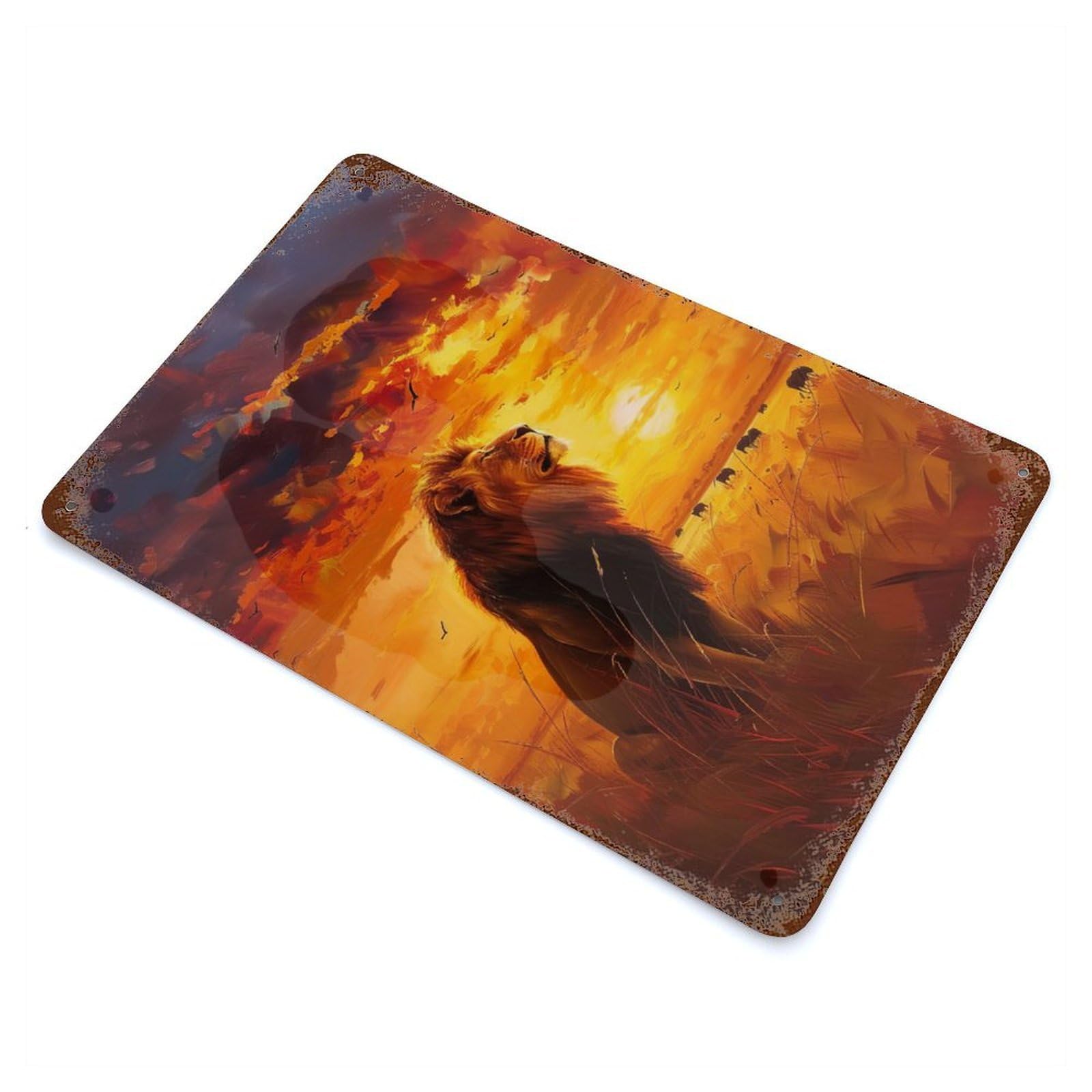 Vintage Rust Metal Sign with Lion at Sunset Design 11.8"x7.9", for Garage, Bar And Workshop Decor, Retro Wall Decor