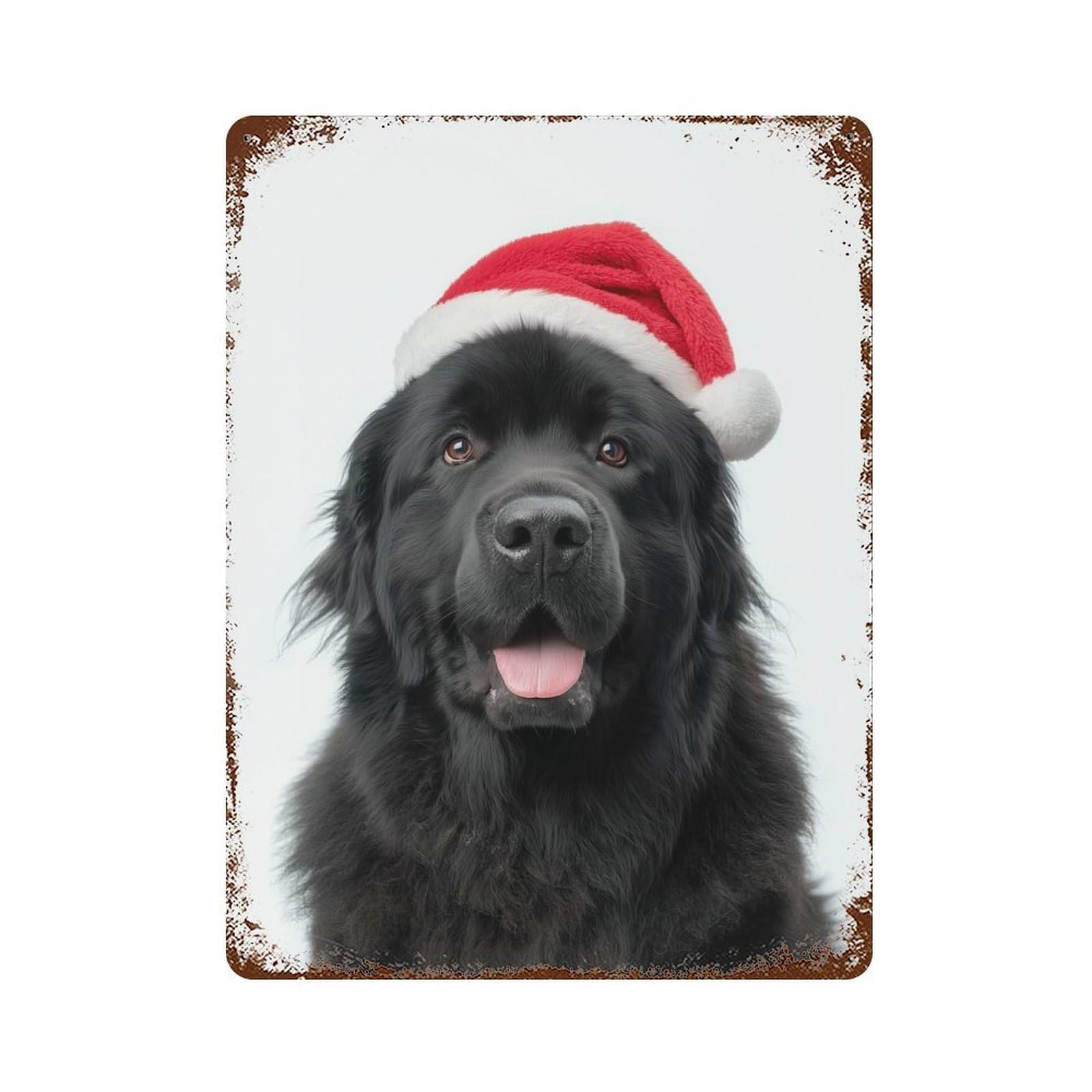 Garage Style Christmas Newfoundland Dog with Santa Hat Aged Metal Wall Plaque 15.7"x11.8", Farmhouse Wall Decor for Bar And Workshop