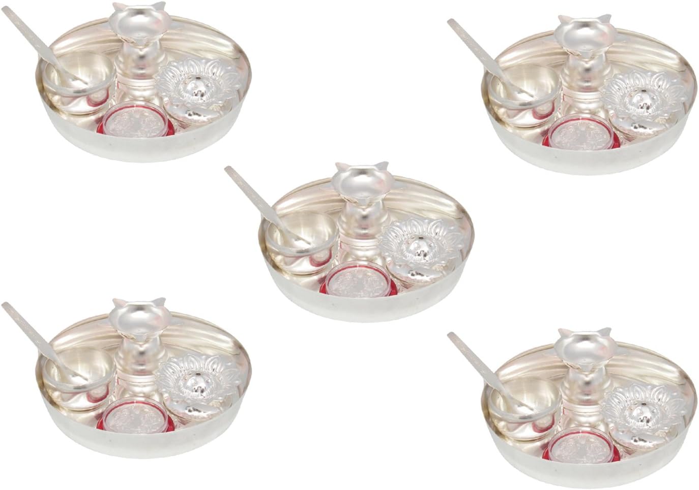 GoldGiftIdeas 5PS Plus (5 Inch) Silver Plated Pooja Thali Set (Pack of 5), Pooja Thali Decorative Plate, Return Gift for Wedding