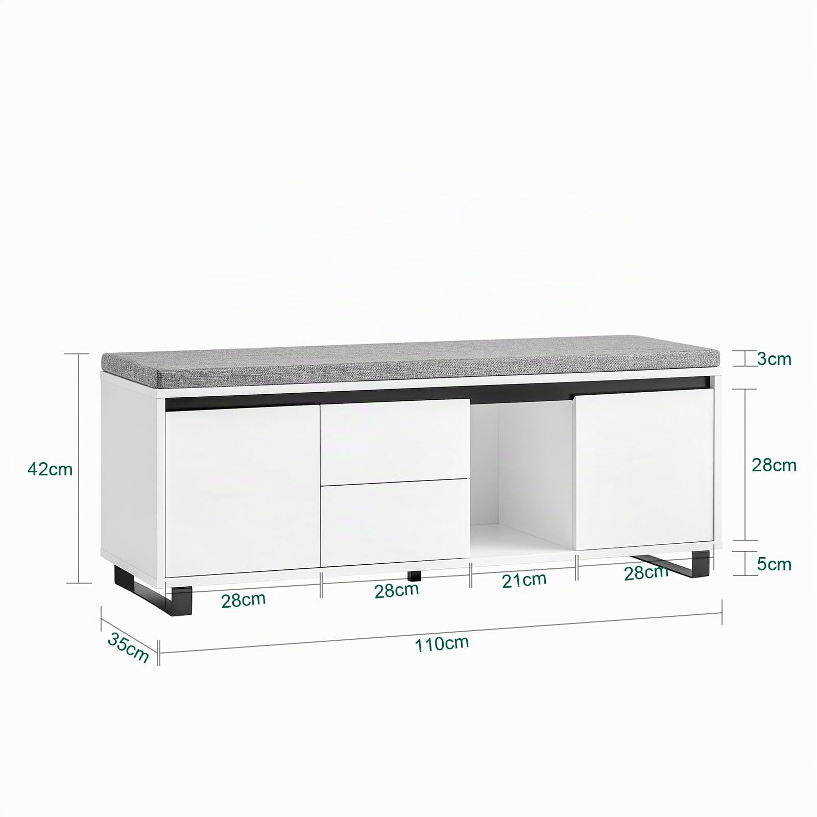 SoBuy Banco Zapatero con Cojín 110x35x42cm para Recibidor | Zapatero entrada con 4 estantes, 2 cajones y 2 puertas, asiento acolchado blanco FSR176-W