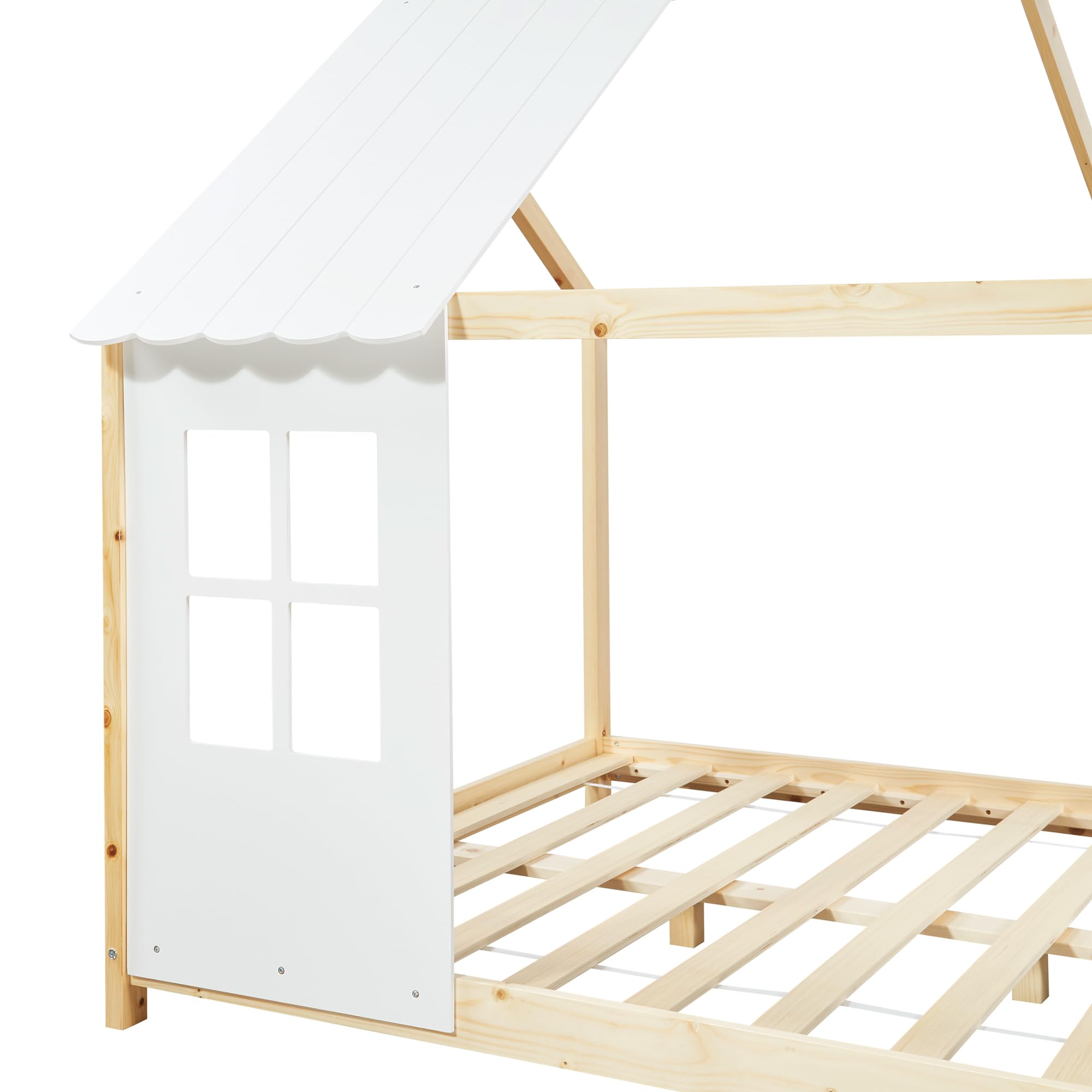 [en.casa] Kinderbett Tostedt Hausbett Jugendbett Bettenhaus Halboffenes Design Montessori Bett aus massiver Kiefer Bettgestell Holz 140x200cm Holz/Weiß