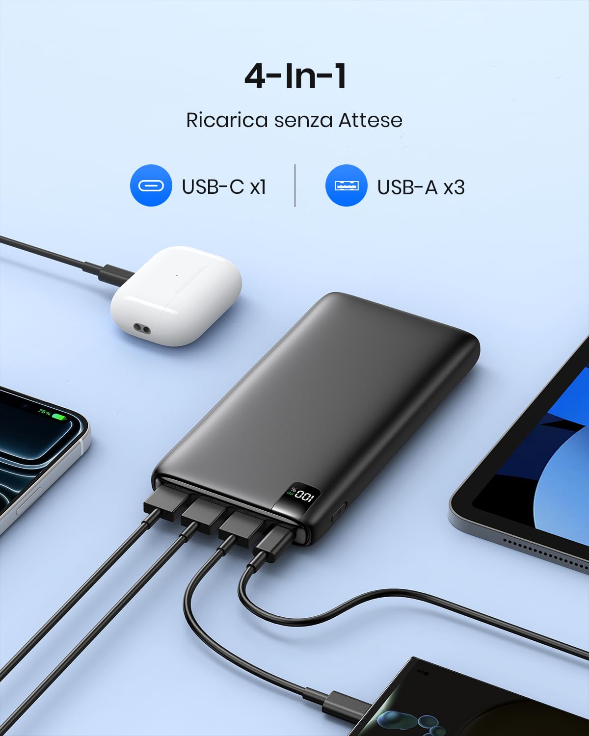 Riapow Power Bank 26800mAh, Caricatore Portatile 22,5W USB C Ricarica Rapida Batteria Esterna con Display a LED & 4 USB Uscite, Powerbank per Smartphone, Tablet e Altri
