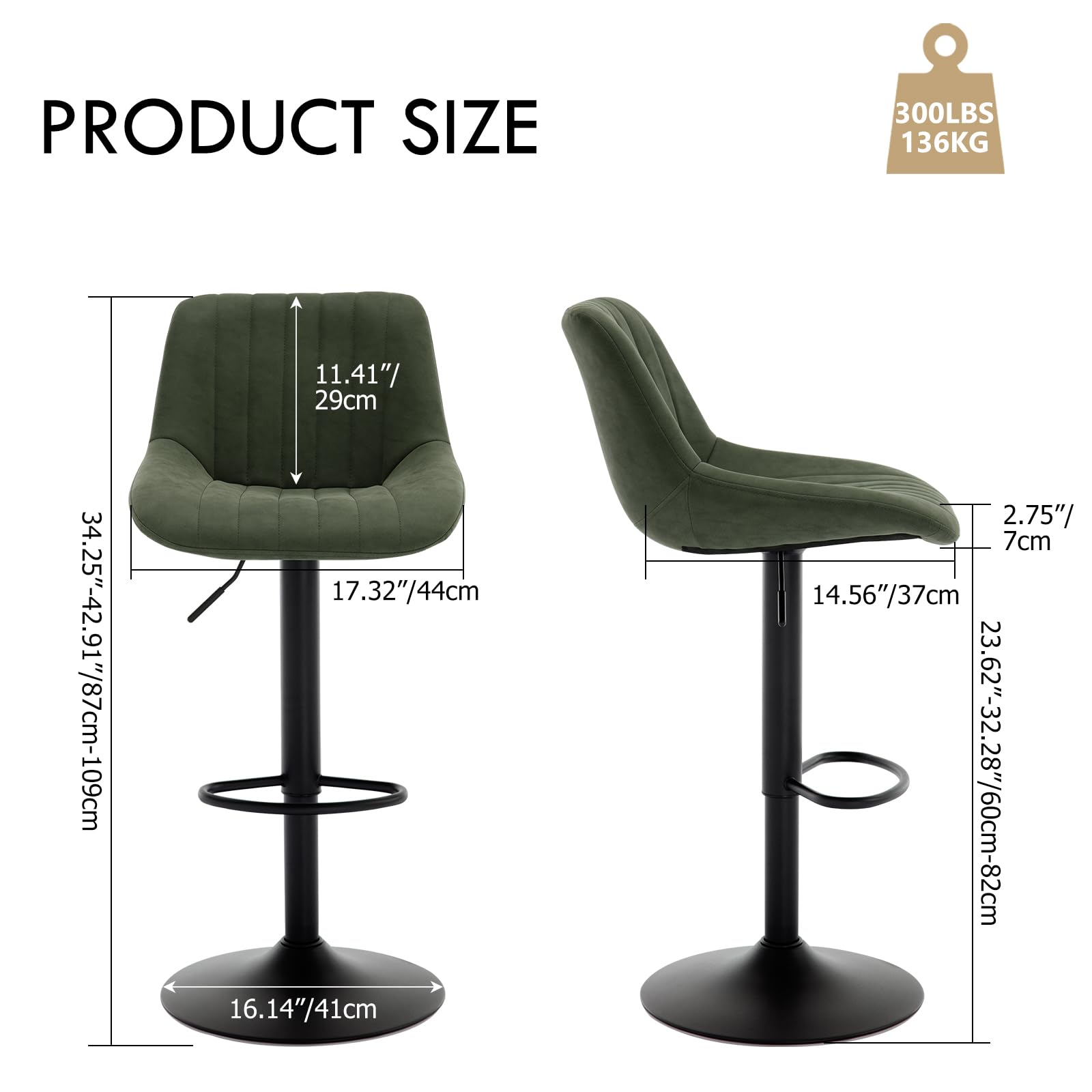Barhocker höhenverstellbar 2er Set Kunstleder Barstuhl, Olivgrün