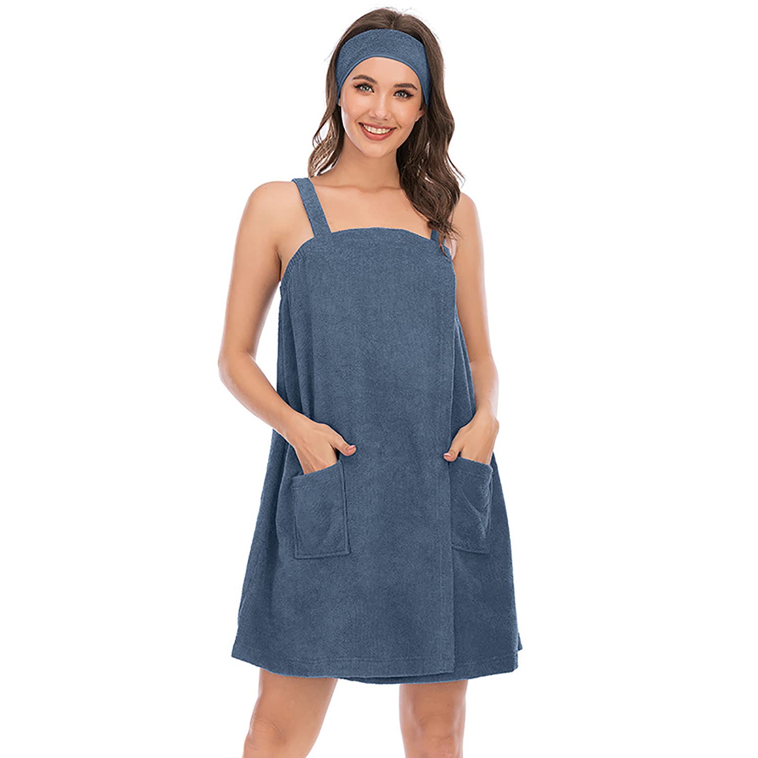 Verve Jelly Solid Color Shower Towel Set Super Soft Towel Shower Sauna Set Gym Adjustable Bath Sheet Bath Sheets and Hair Band Blue Grey M — image 1