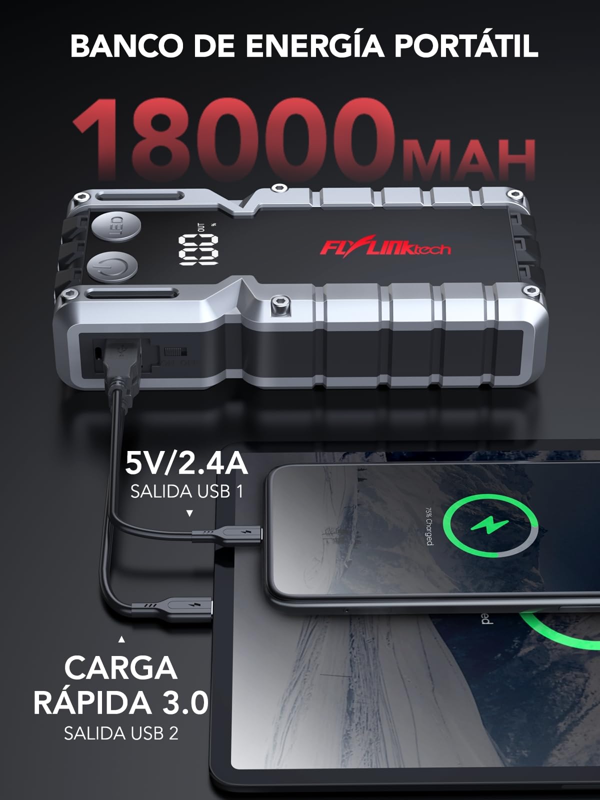 Arrancador de Coches, FLYLINKTECH 6000A 12V Arrancador de Baterias de Coche, para 9.0L Gas o 8.0L Diesel con Pantalla LCD, Linterna LED