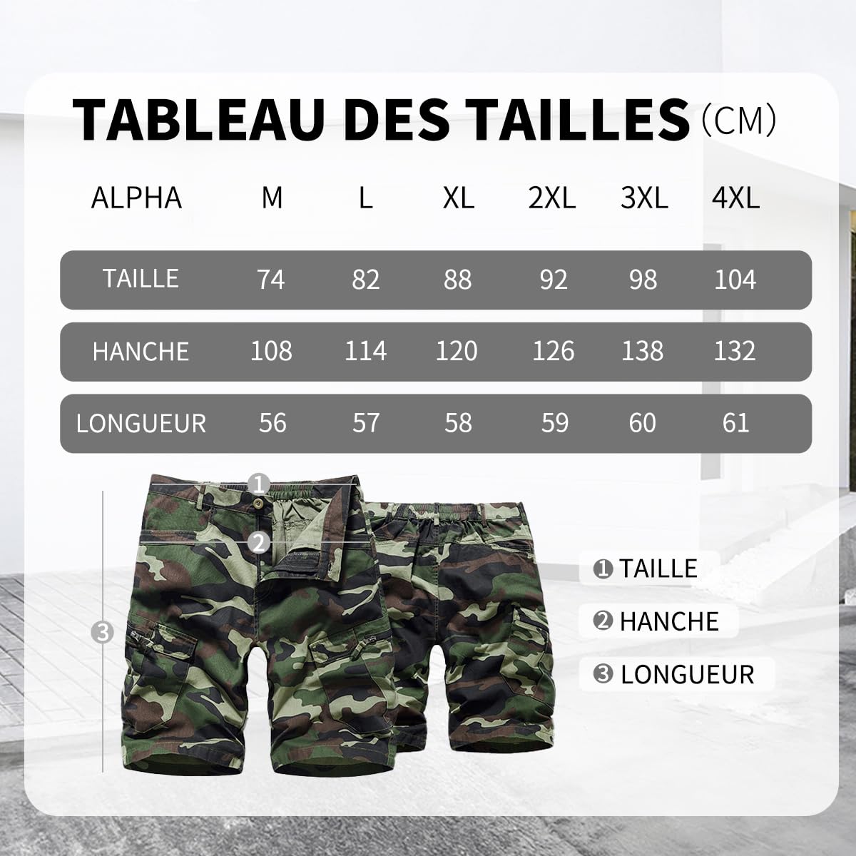 Short Bermuda Homme en Coton, Short Cargo Homme Camouflage de Plusieurs Poches Taille Élastique