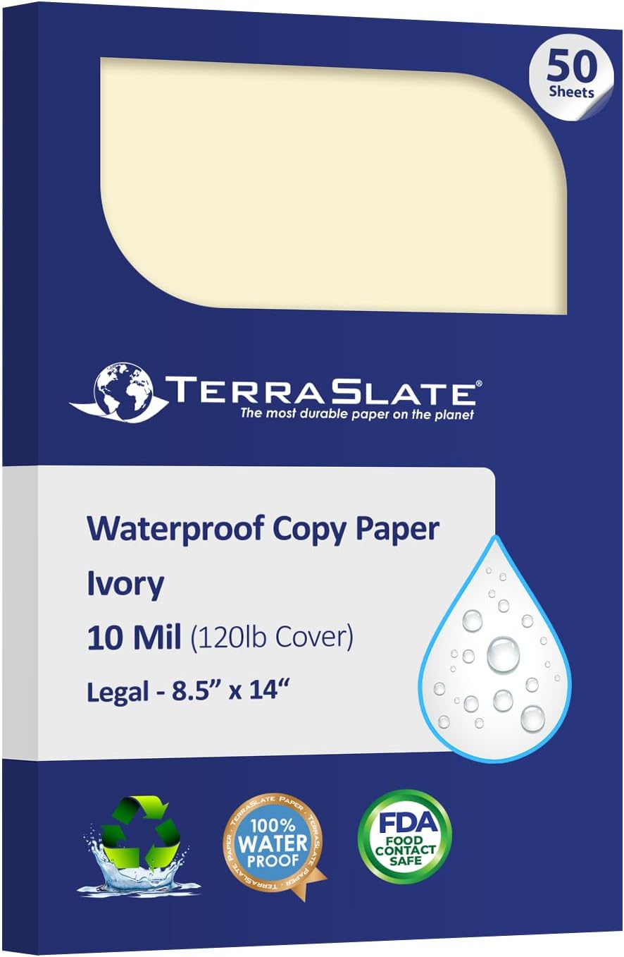 TerraSlate Waterproof Paper, Rip-Proof Colored Paper, Ivory, 50 Sheets, 5 Mil (24lb Bond), 8.5” x 14”, Laser Printer and Copy Machine Compatible