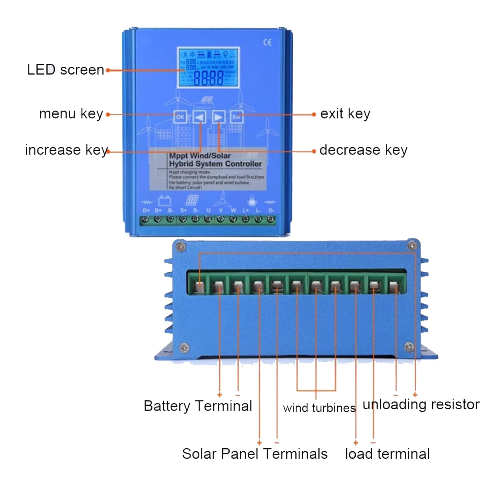 Mppt Controlador De Carga HíBrido Solar EóLico Solar Y EnergíA EóLica Controlador HíBrido De Carga 12v/24v/48v para La BateríA Refuerzo Sistema Carga HíBrido EóLico-Solar De Pantalla LCD