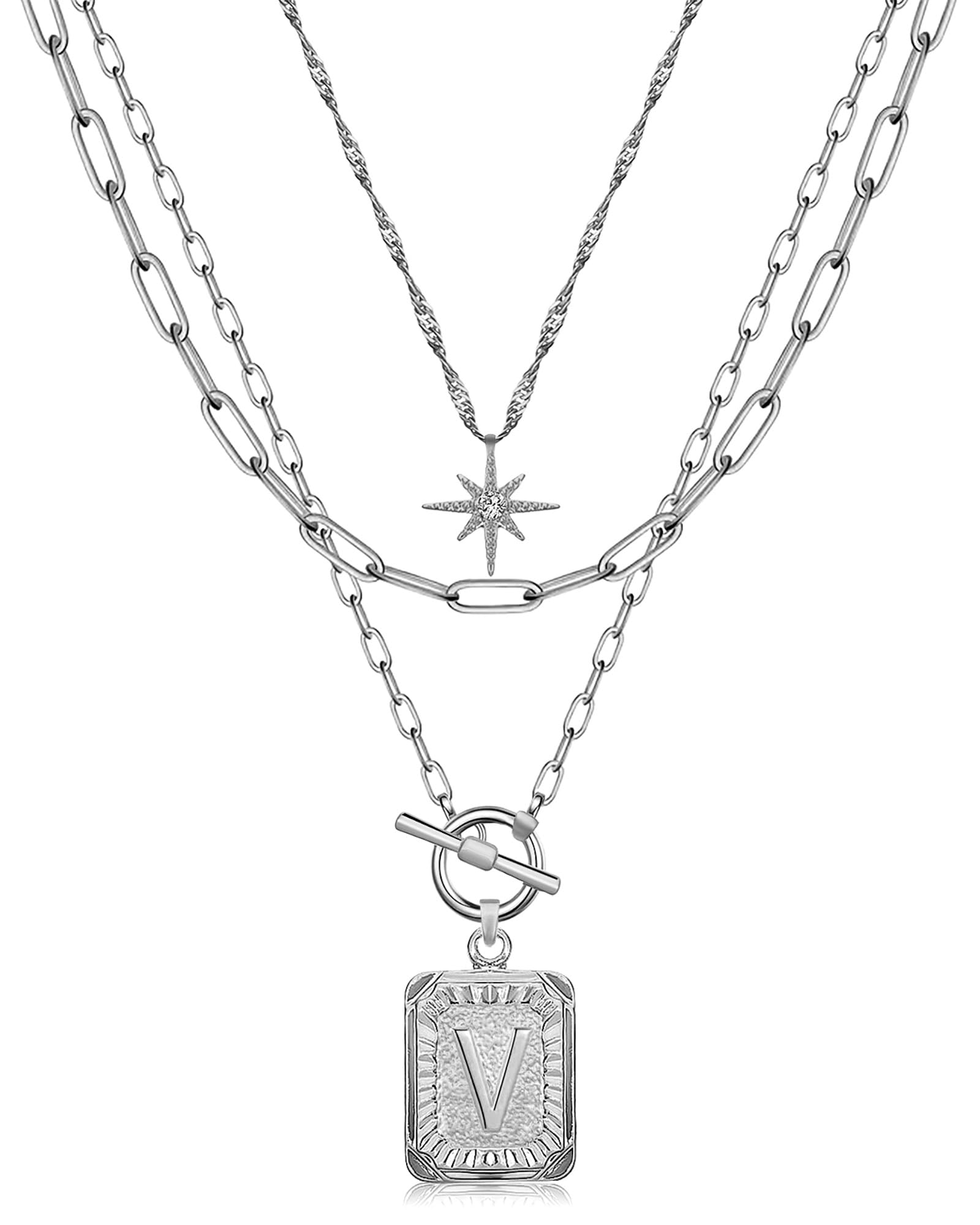 MJartoria Layered Initial Necklaces for Women Trendy, 14K Gold Plated Brass Simple Star Choker Square Letter Pendant Necklace, Paperclip Chain