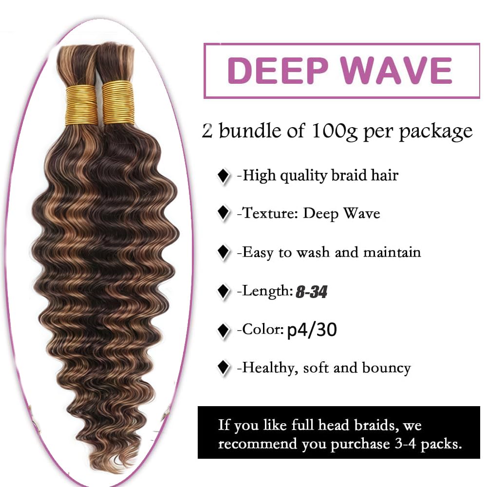 Tuheerst Human Braiding Hair For Boho No Weft P4/30 Highlight Brown Deep Wave Light Brown 50g/Bundle Total 100g Unprocessed Knotless Braids Human Hair Extension For Women 24 24 Inch - Image 3