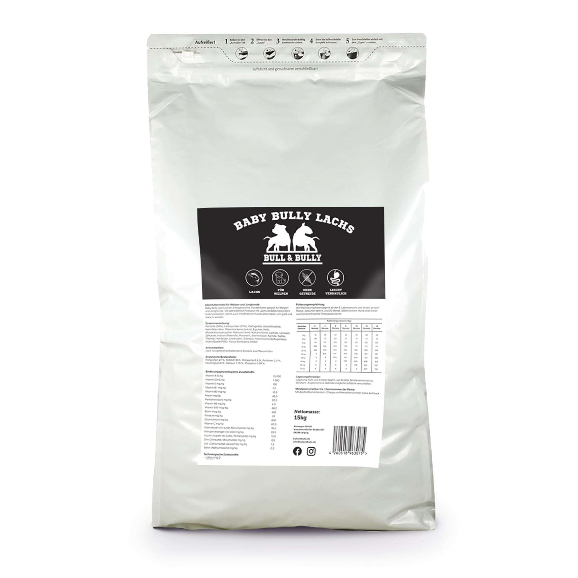 Hundefutter Trocken Baby Bully Lachs – Trockenfutter für Hunde 15Kg | Tierärztlich entwickeltes Hundetrockenfutter Premium Dog Food – Energiereiches Monoprotein Hunde Futter von BULL & BULLY