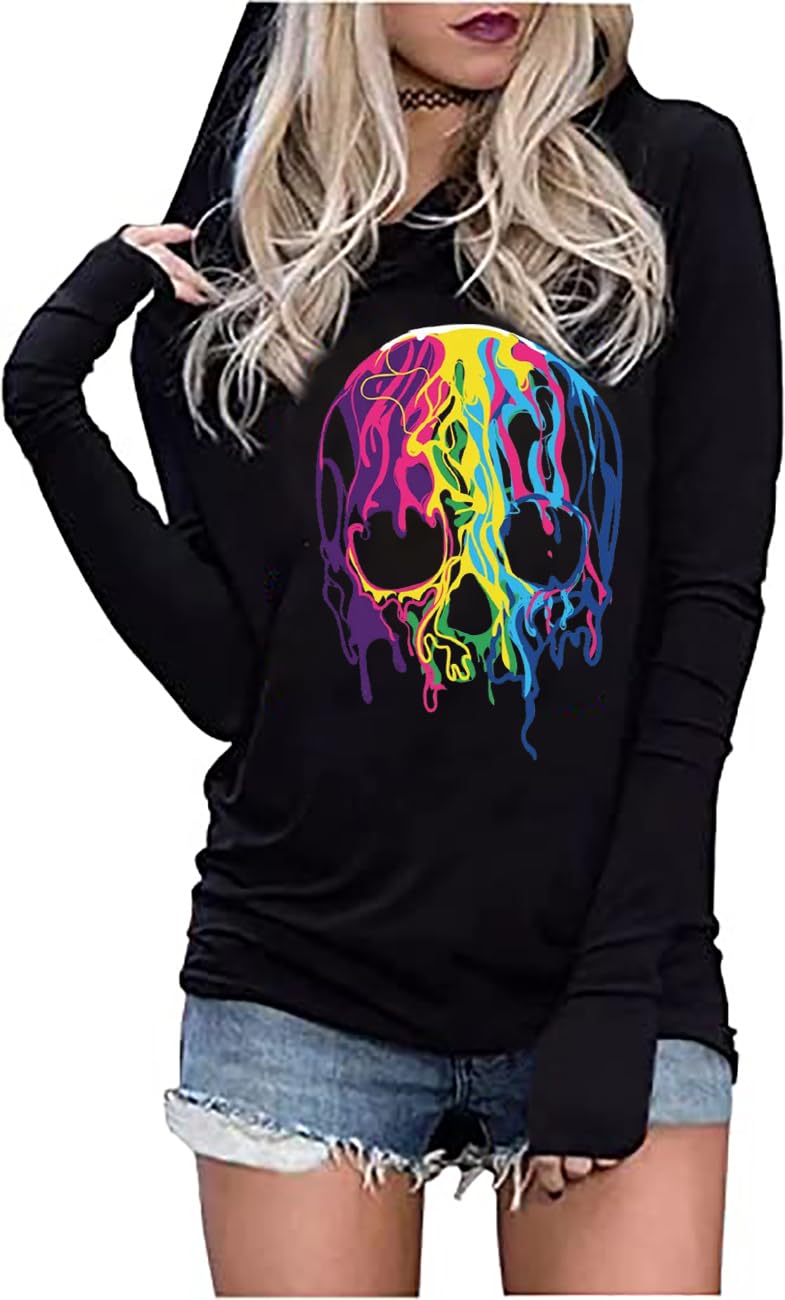 Skull Hoodie Tshirt Women Vintage Gothic Graphic Tees Halloween Hoodies Casual Fall Long Sleeve Pullover Tops