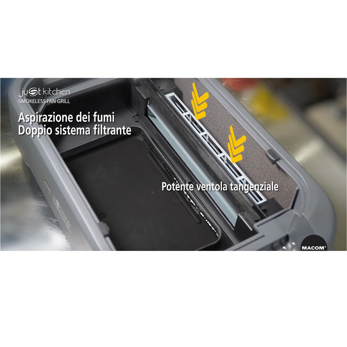MACOM Griglia/Piastra Elettrica Con Cappa Aspirante Integrata e Doppio sistema filtrante,Indoor,Senza Fumo Senza Odori,Temperatura regolabile sino a 250°,1500W, Just Kitchen 849 Smokeless Fan Grill