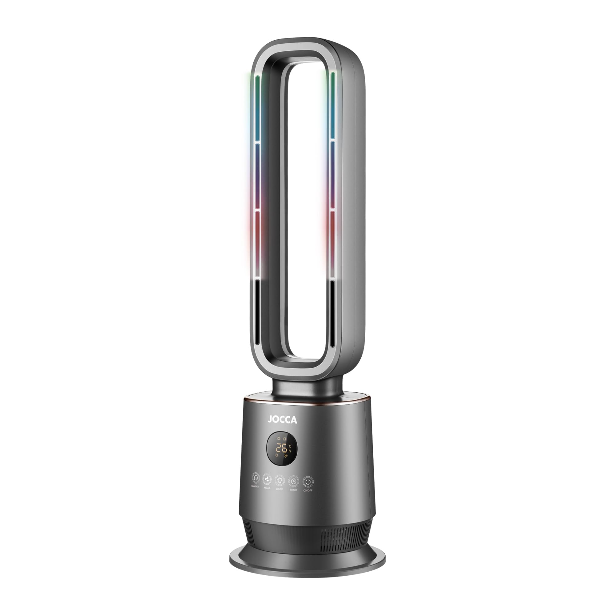 JOCCA - Riscaldatore digitale senza pale 2000 W con telecomando | Termoventilatore silenzioso con oscillazione 70°, timer, termostato 16-36°C, luce LED 7 colori e protezione di sicurezza