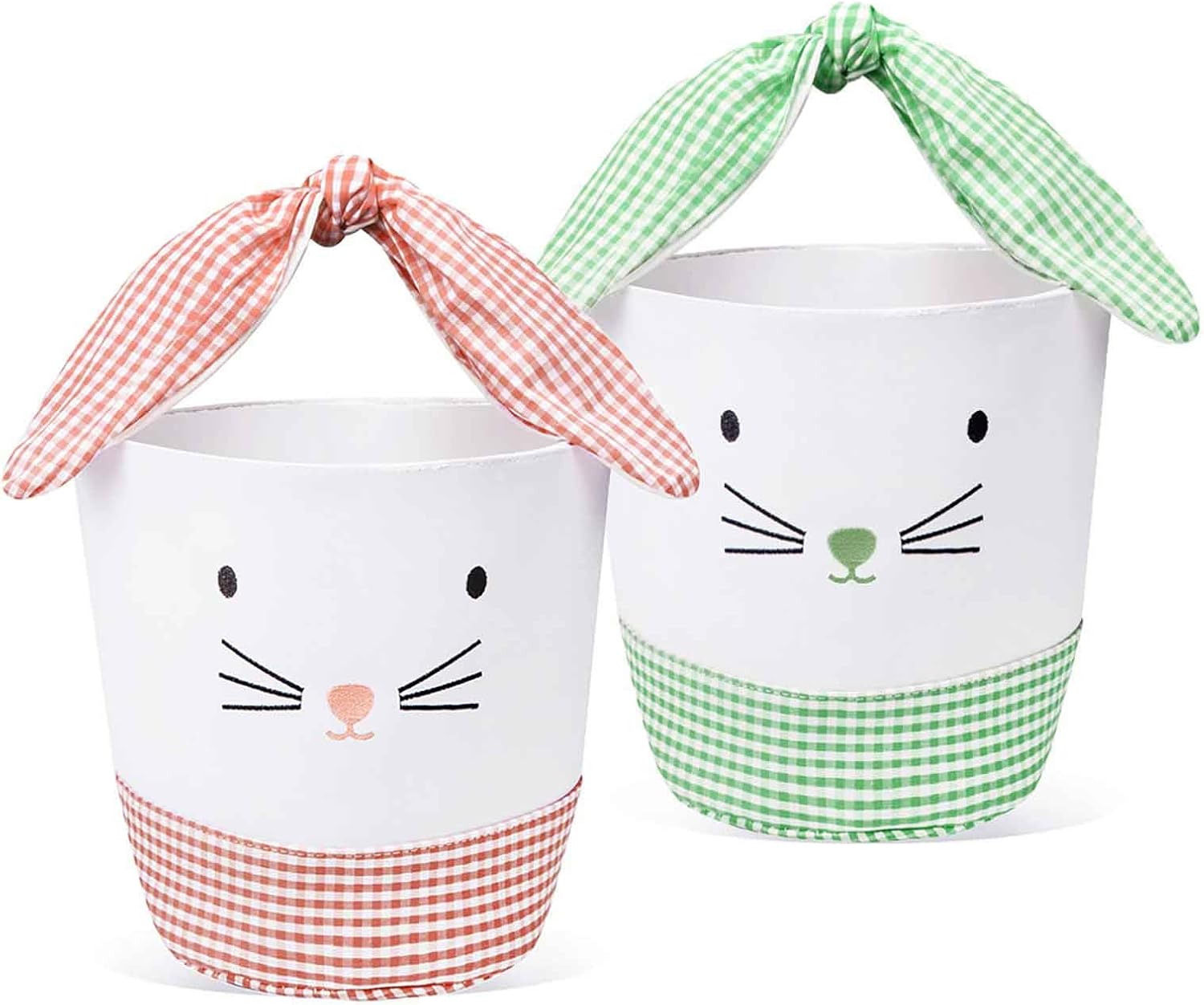 2 Pack Easter Basket set for Kids, Large Canvas Bunny Bag with Carrot Card & Letters Stickers for Egg Hunt with Adjustable Rabbit Ear Handle for Baby Boy Girl Toddler, Green Orange