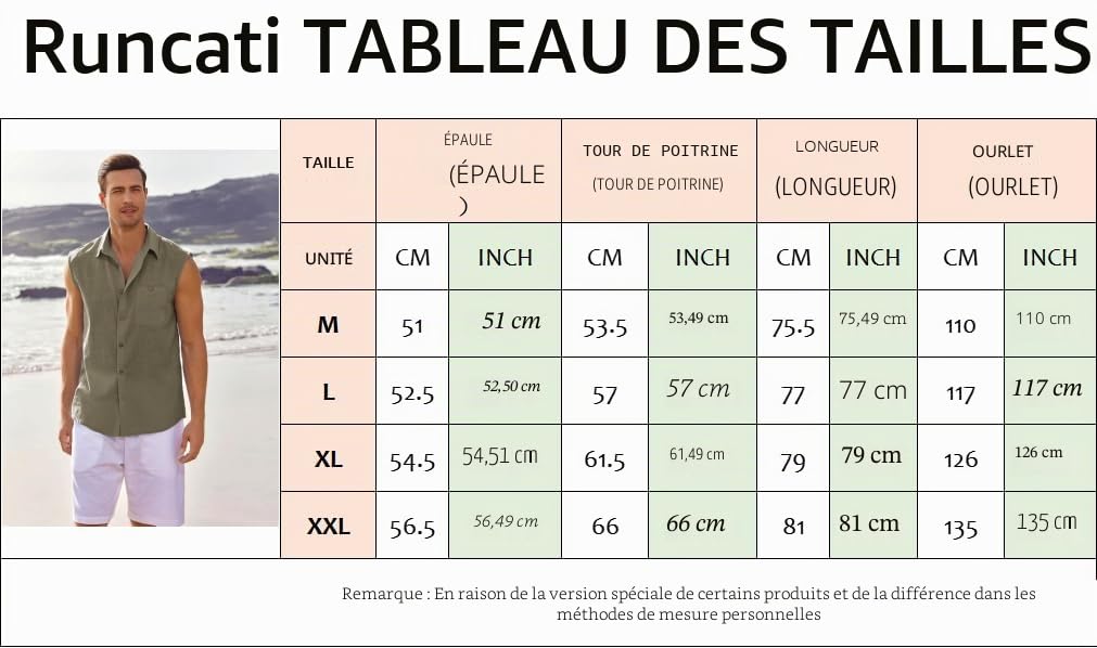Runcati Chemise en lin sans manches pour homme avec col retourné, pour la plage, l'été, les loisirs, avec poche