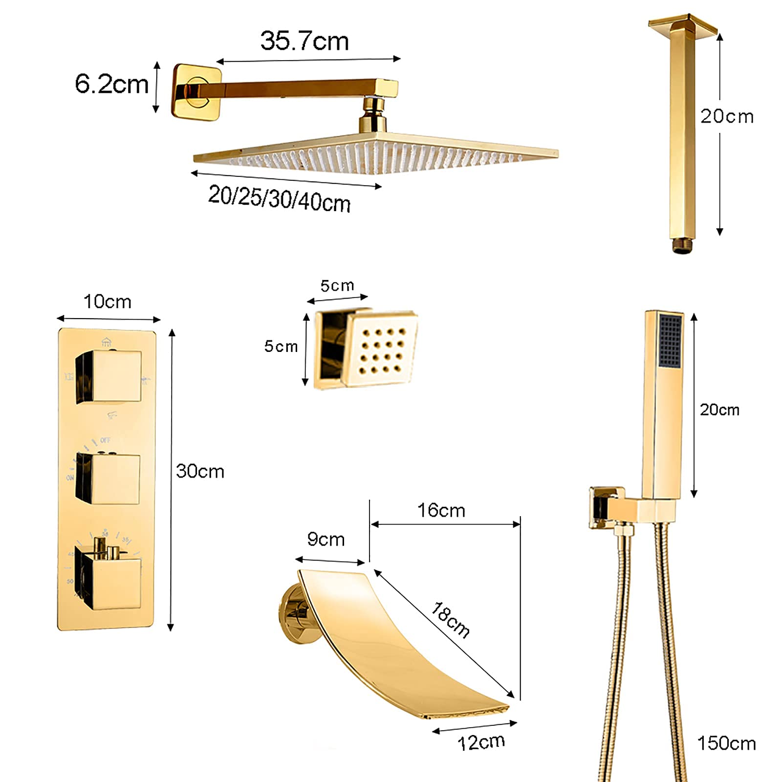 Zestaw prysznicowy termostatyczny Gold Combo do montażu na suficie, bateria prysznicowa łazienkowa z głowicą prysznicową, prysznicem ręcznym, baterią wannową typu wo,