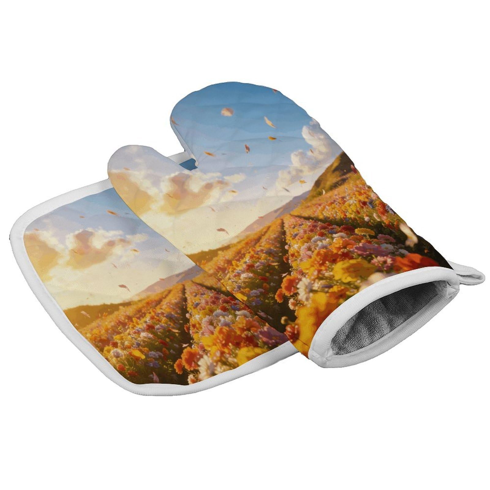 Fodpand Style Spectacular Flower Field Scenery Oven Mitt Set With Lanyard, Cooking Mitt, Protective Thermal Insulation,Kitchen Mitt For Baking, Cooking, Grilling, Microwave