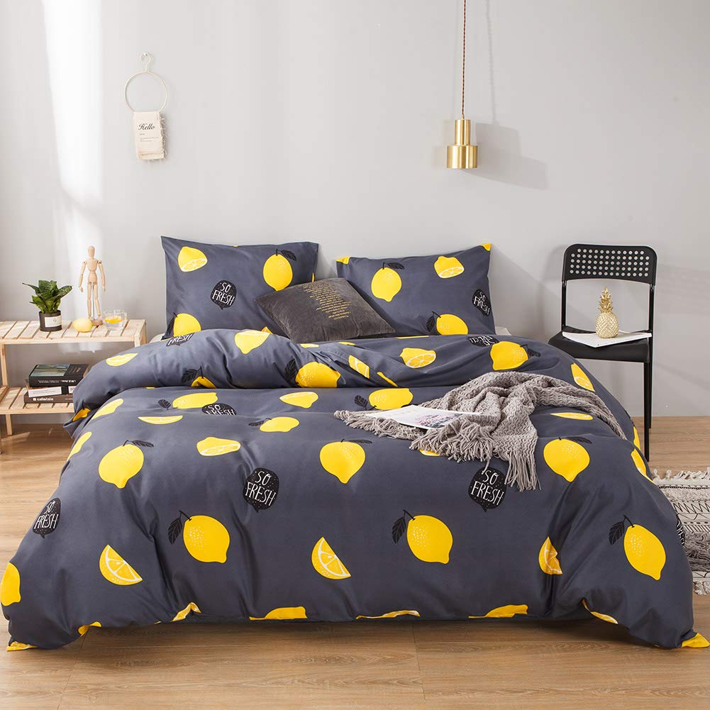 MOVE OVER Lemon Bedding Yellow Fruit Duvet Cover Set Yellow Lemons Printed Design Blue Yellow Boys Girls Bedding Sets King 1 Duvet Cover 2 Pillowcases (King, Lemon)